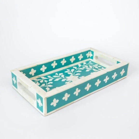 Bone Inlay Tray- Handmade Teal Scroll Vine - Image 3 of 4