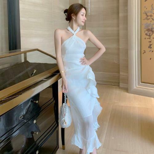 Womens Trendy Summer Halter Halterneck Dress Flounce Mermaid Dress Beach  Dress