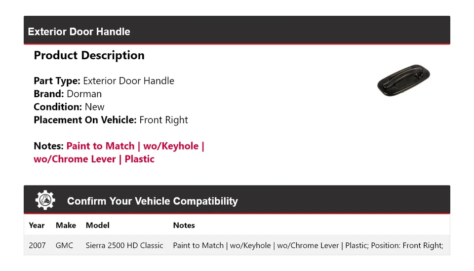 For 2007 GMC Sierra 2500 HD Classic Dorman Exterior Door Handle Front Right - Image 2 of 4