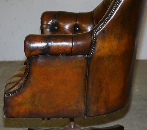 ANTIQUE HILLCREST GODFATHER BROWN LEATHER CHESTERFIELD DIRECTORS CAPTAINS CHAIR - Picture 21 of 22