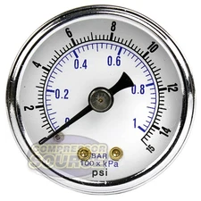 1/8" NPT Air Pressure Gauge 0-15 PSI Back Mount 1.5" Face Diameter