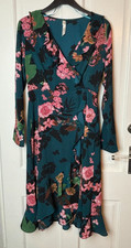 Stella Morgan uk10 Teal & Pink Floral Dress Wrap style with frill