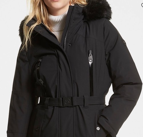 Michael Kors Cire Parka mit Kunstfellgürtel, Kapuze, schwarz, Damen Gr. S, Neu mit Etikett "
