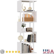 White Geometric Bookshelf 6 Tier S-Shaped Bookcase Modern Display Storage Shelf