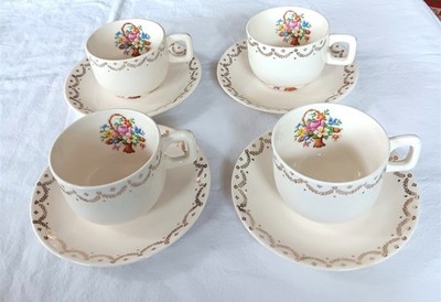 4 Salem Petit Point Basket Flat Cups & Saucers Century 22K Gold 