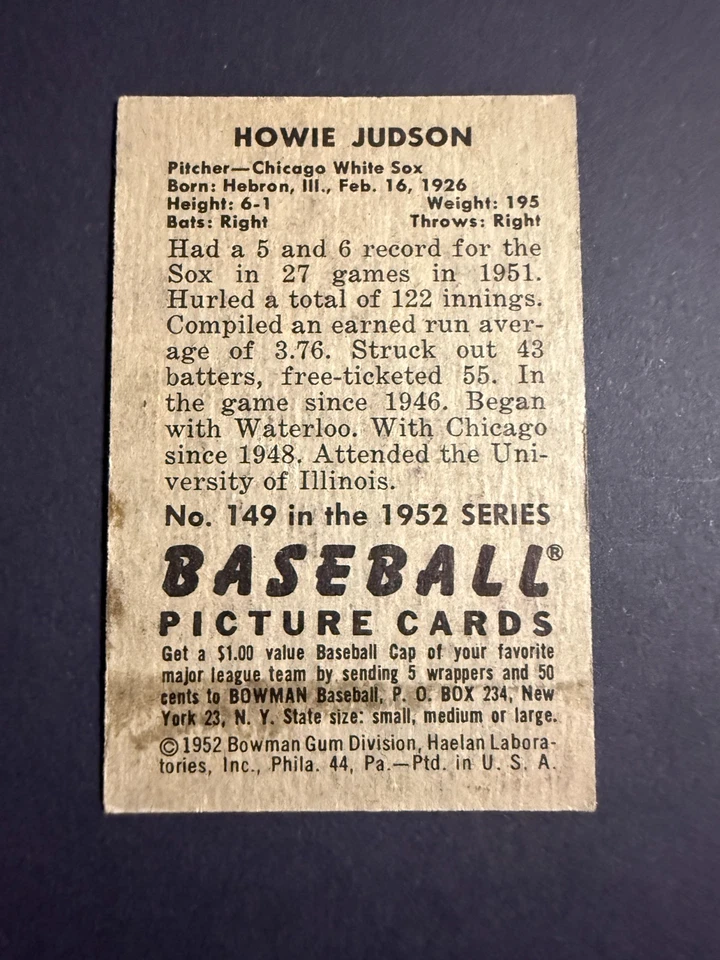 1952 Bowman #149 Howie Judson Chicago White Sox Good / VG - Image 2 of 2