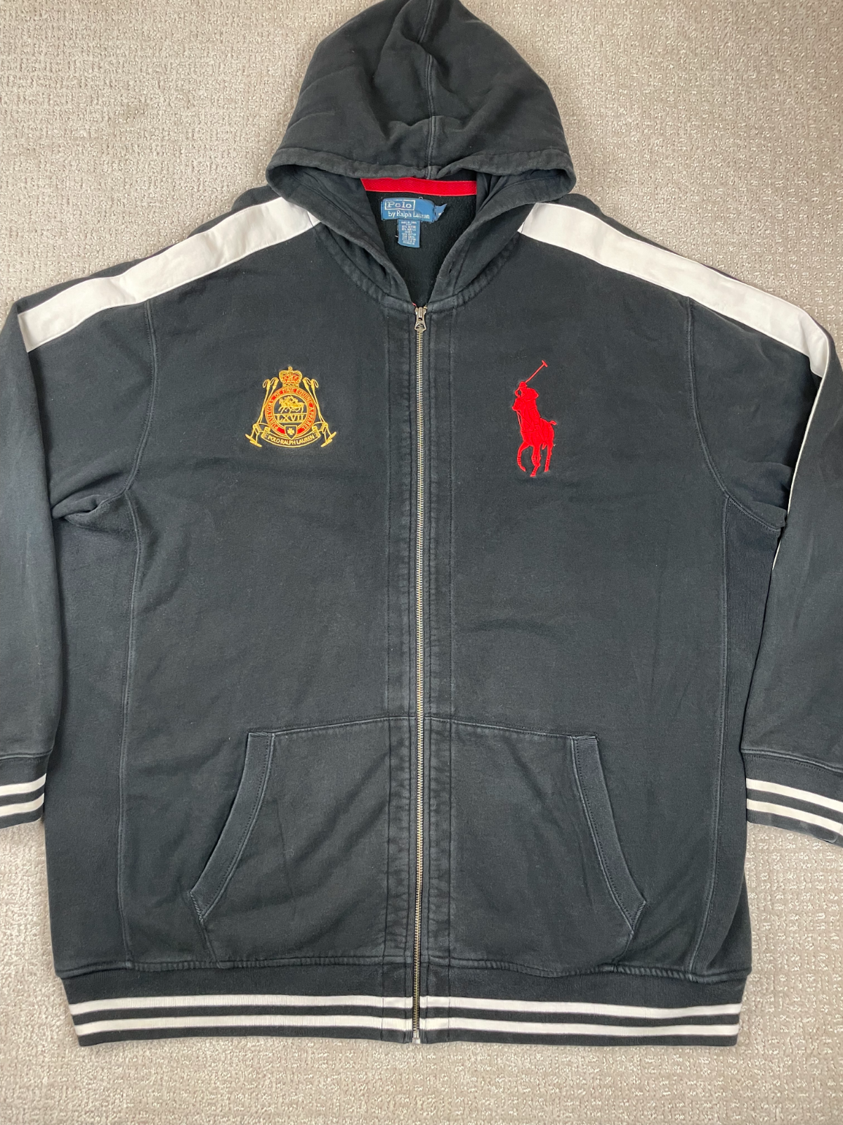 Felpa con cappuccio vintage Polo Ralph Lauren uomo taglia 3XLT Big Pony Crest full zip nera bianca