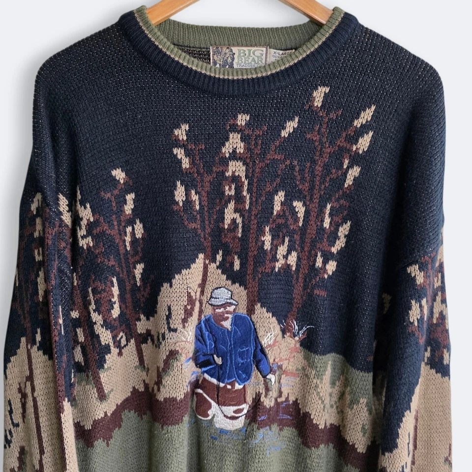 Vintage Big Bear Trading Co Fisherman Grandpa Sweater Knit Fly Fishing XL Gorp - Image 2 of 4