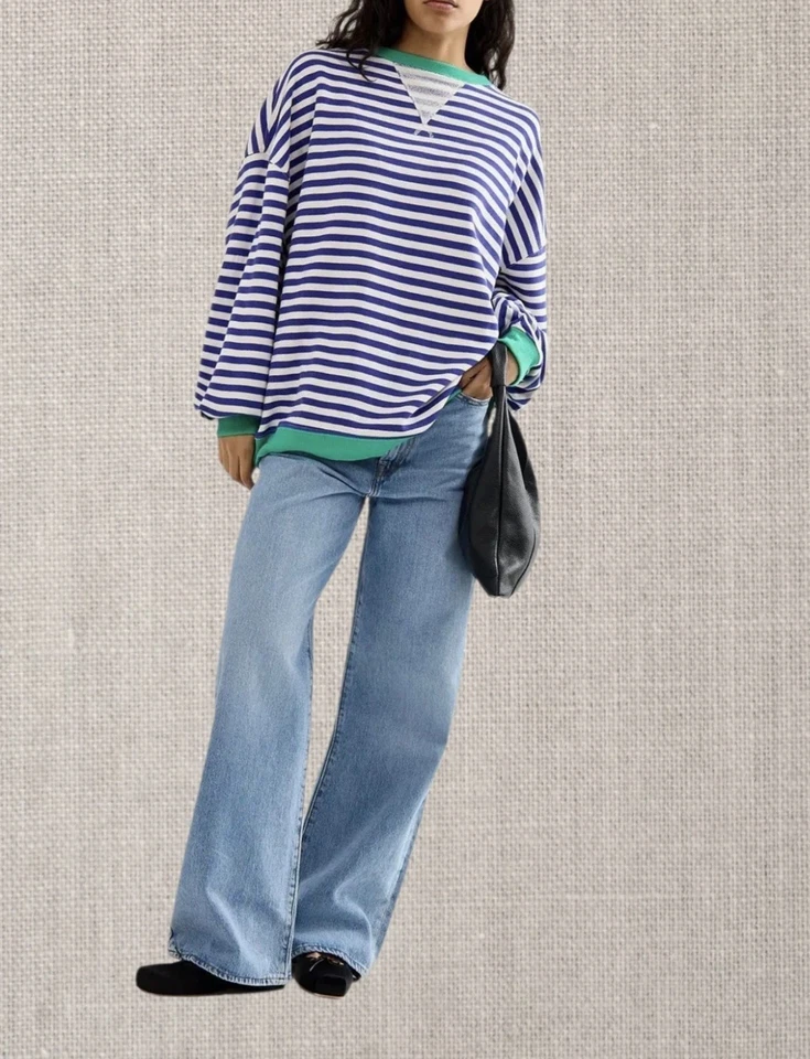 FREE PEOPLE Womens Jumper Classic Striped Sweatshirt Medium Oversized BNWT - Image 4 of 4