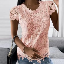 Womens Lace Short Sleeve Tops Ladies Summer Casual Loose Blouse Shirt Plus Size