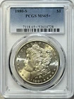 1880-S MORGAN SILVER DOLLAR $1 – PCGS MS65+ – TOP-TIER GEM MS 65 PLUS!