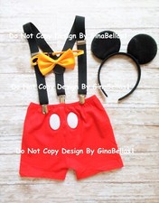 1st Birthday outfit Mickey short bowtie Black suspenders mouse ears 12- 24