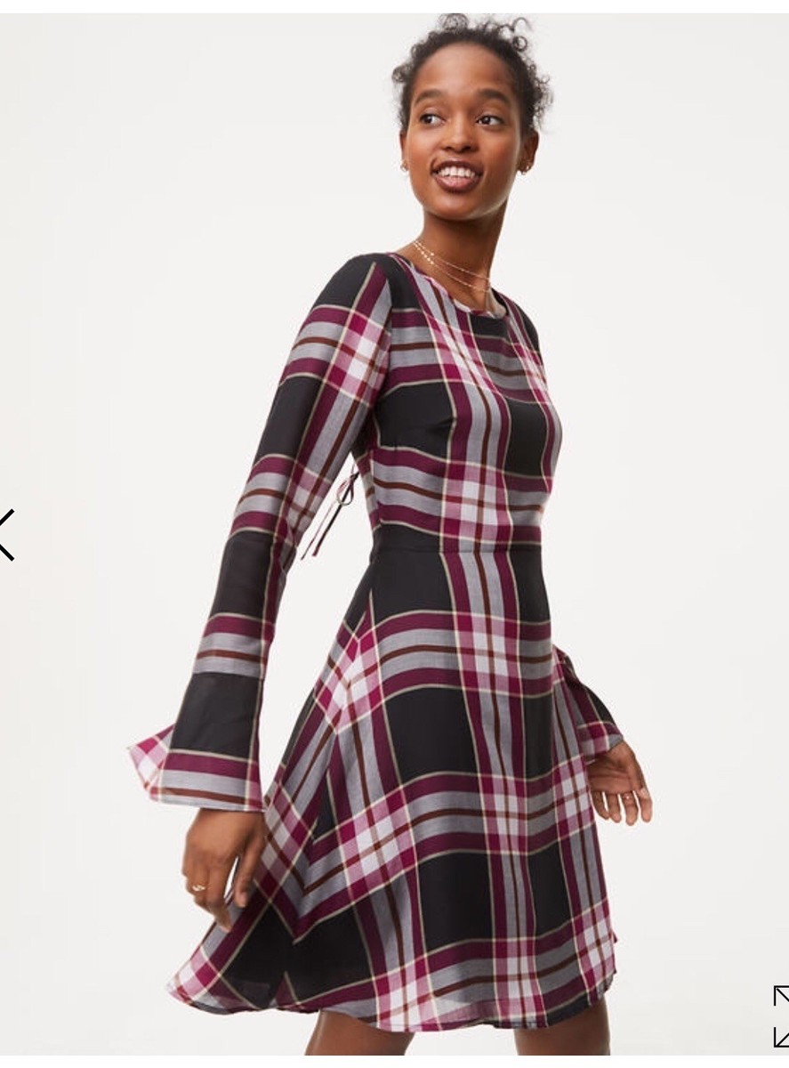 loft red plaid dress Loft Plaid Side Tie Flare Dress