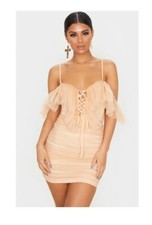 Nude Mesh Ruffle Tie Front Bodycon Dress