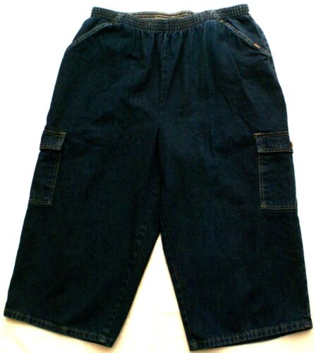 CHIC Womens 18W Capri Pull On Elastic Jeans Dark Wash Blue Denim Cargo Pants