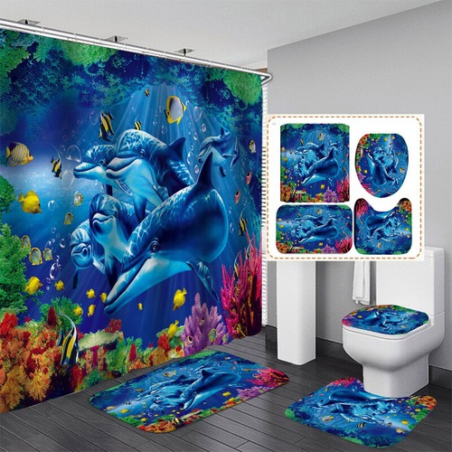 3D Ocean Dolphin Shower Curtain Or Bathroom Rug Non Slip Bath Mat Toilet Cover - Picture 10 of 18