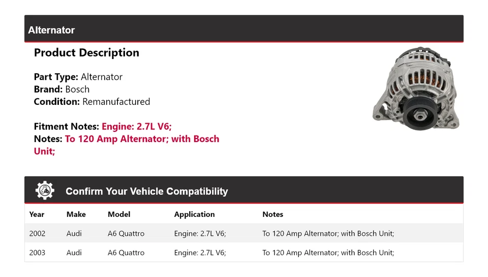 Alternador Bosch para Audi A6 Quattro 2002-2003 2,7 L V6 (remanufacturado) Foto 2 de 4