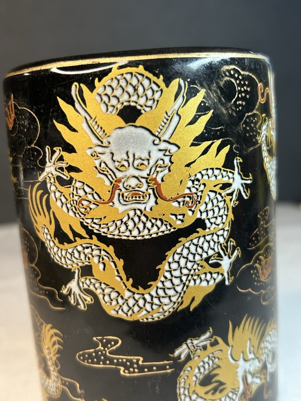 Modern Chinese Ceramic Brush Pot Gilded Dragons & Cloud Motes5”T 3.5 Diameter