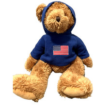 Russ Berrie Plush Patriotic Teddy Bear with Blue USA Flag Hoodie Sweater 17"