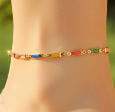 Cavigliera Charm Minimalista Multicolore Baguette Rubino Elegante Ottone Placcato Oro 18K