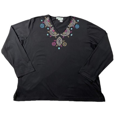 Ulla Popken Long Sleeve V-neck Embroidered Cotton Tunic Tee Black Women s 20/22
