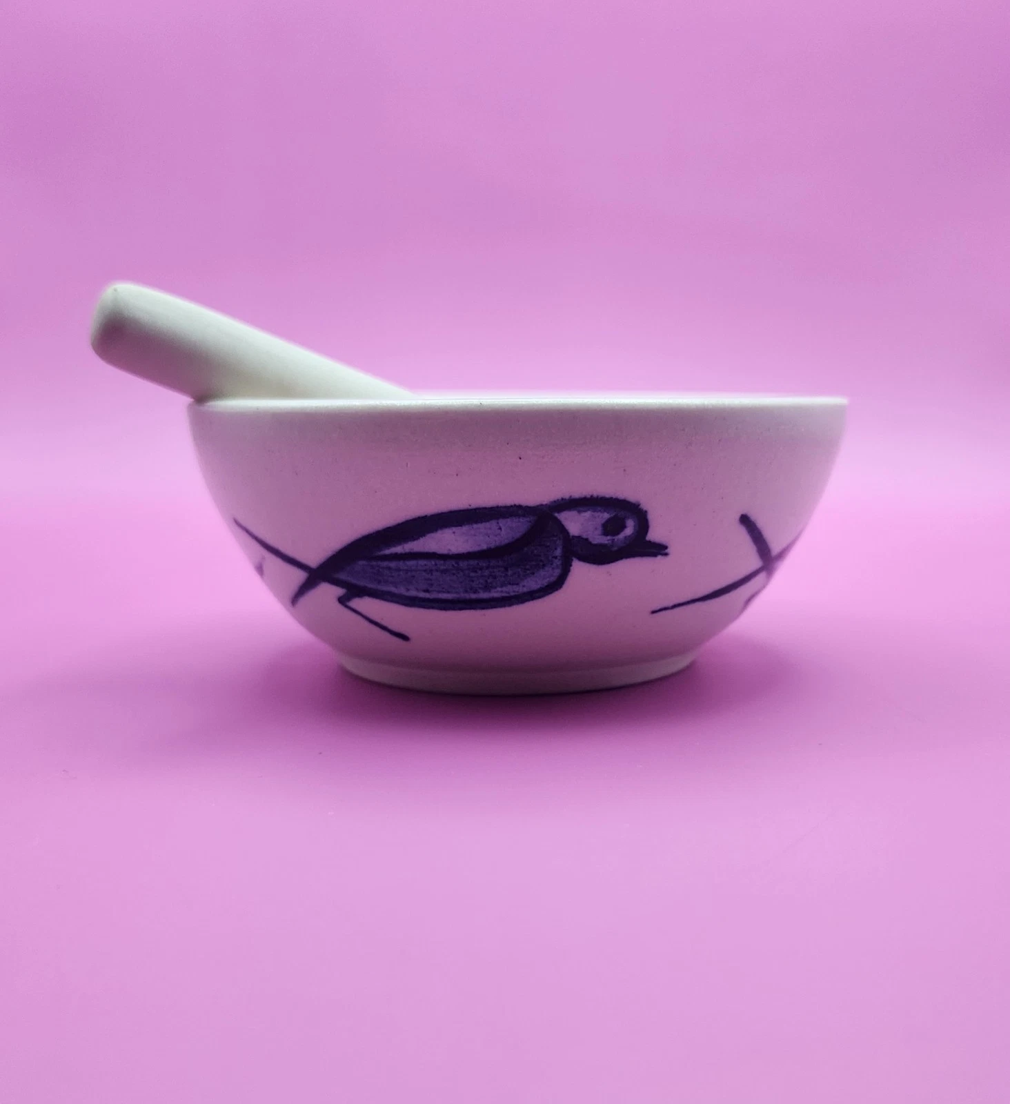 Beautiful Artist Signed Small Ceramic Pottery Mortar & Pestle Blue Bird Motif