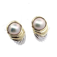 David Yurman 14K Gold & 925 Silver Cable Shrimp W/Pearl Omega Back Clip Earrings