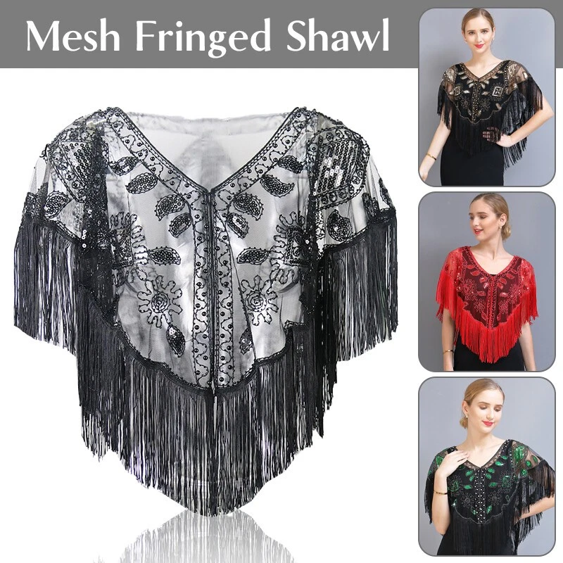 Женщин ретро блестками сетки шаль с кисточками бисером бахрома чистый плащ прикрыть - Изображение 3 из 4