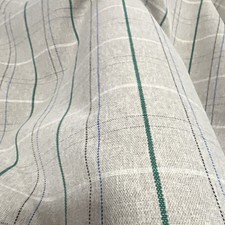 Beige Check/Plaid Woven Fabric with Green Blue Gray Stripes and Plaid Lines