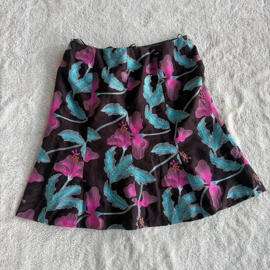 Lafayette 148 Brown Pink Hibiscus Embroidered A-Line Linen Skirt Size 18