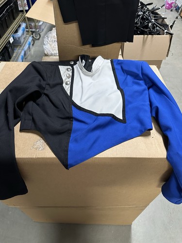 Set of 140 Marching Band Uniforms in Blue, Black, and White + Extras