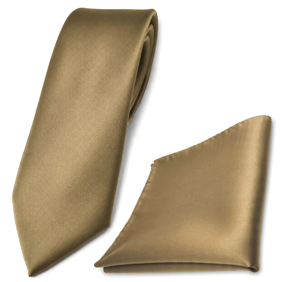 schmale TigerTie Schlips Krawatte + Einstecktuch braun goldbraun uni einfarbig - Bild 1 von 1