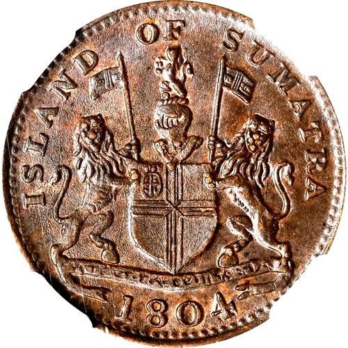 1804 AH 1219 Singapore Malaya Sumatra 1 Keping, NGC MS 64, KM-Tn1, Malaysia