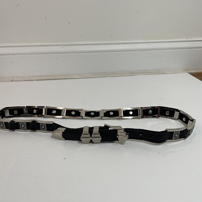 Vtg 80s Rare Silver Metal Art Deco Leather Womens Belt Size  display picture 2