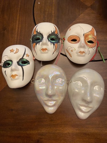 Vintage Hand Painted New Orleans Ceramic Wall Mask 7" X5” Lot Of 5 Mardis Gras - Picture 2 of 5