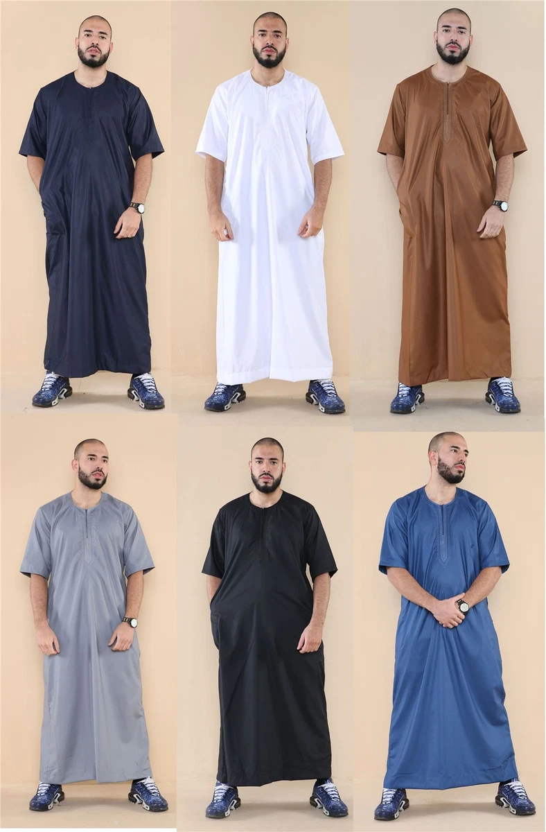 Mens Thobe Jubba Islamic Clothing Kaftan Half Sleeve Robe Moroccan Arab Zipped