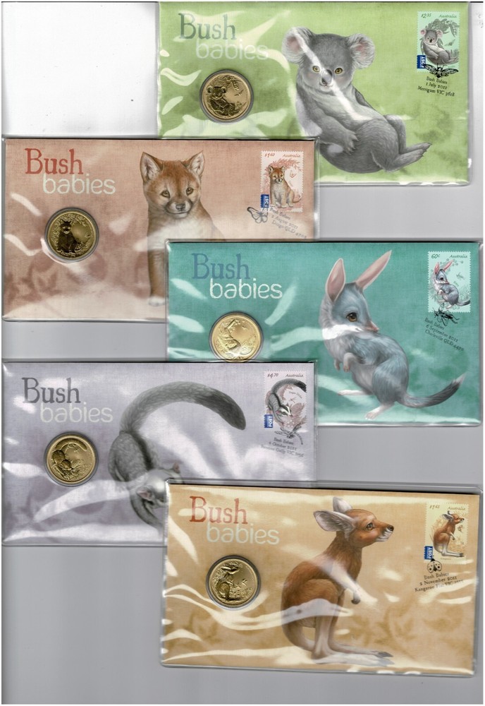 Stamps 2011 Bush Babies set of 5 x $1 coins in philatelic numismatic FDC's