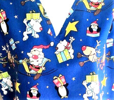 UA Scrubs Top Christmas Santa Womens S Multi Blue Holiday Short Sleeve Dog Stars