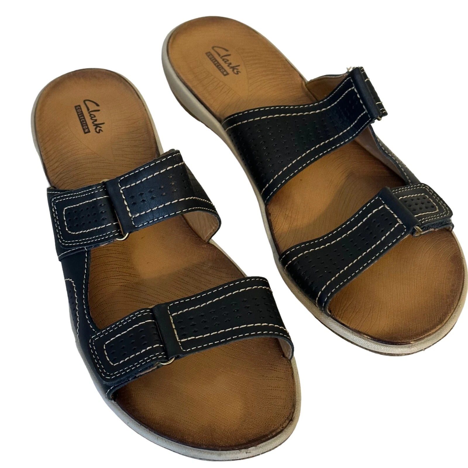 Sandali donna Clarks neri in pelle punta aperta cinturino fibbia slip on taglia 11 5