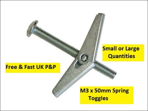 PLASTERBOARD SPRING TOGGLES M3 x 50mm For Hollow Cavity Stud Walls Anchor Plugs - Picture 1 of 4