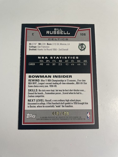 2008-09 Bowman Bill Russell Celtics Blue Parallel Basketball Card #106; #d /499 - Picture 2 of 2