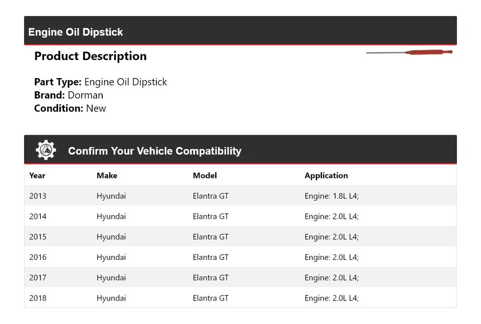 适用于 2013 - 2018 现代伊兰特 GT Dorman 发动机机油吸管 2014 2015 2016 2017 — 第 2/4 张图片