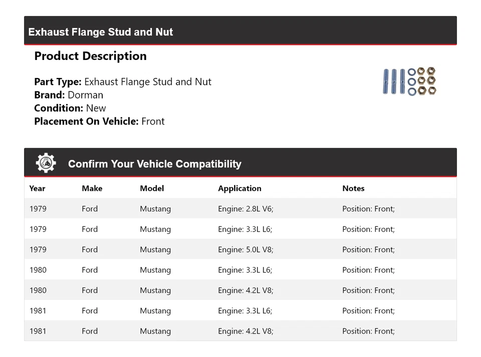 Para Ford Mustang Dorman 1979-1981 Brida de escape Perno y tuerca delantera 1980 Foto 2 de 4