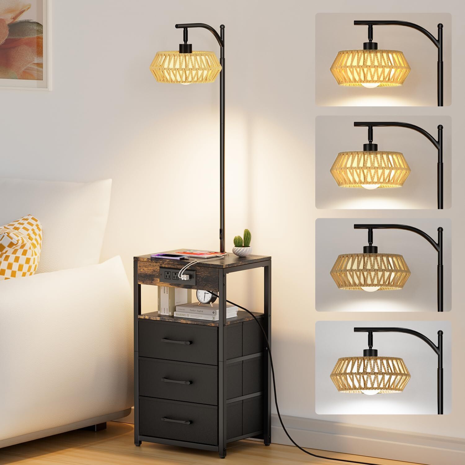 Modern Floor Lamp with Side Table and Dual Charging Ports USB AC Outlet