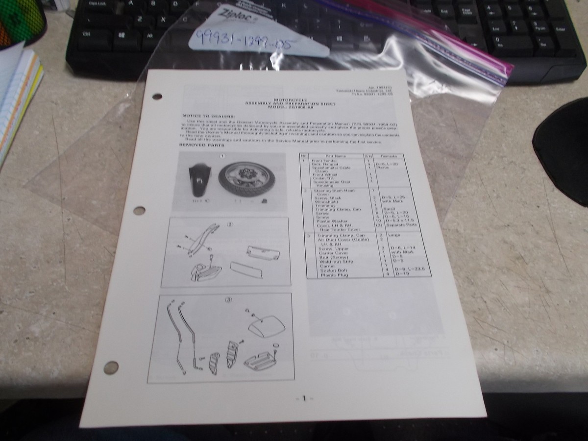 OEM Kawasaki Assembly & Preparation Sheet 1994 ZG1000-A9 99931