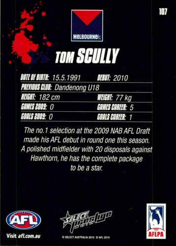 2010 MELBOURNE DEMONS AFL Card TOM SCULLY Prestige - Bild 2 von 2