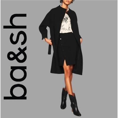 ba&sh Manteau Jarry Wool Belted Lady Coat in Noir Side snaps US size 6 NWT $700