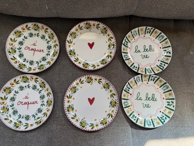 Fragonard 6 pc Porcelain Dessert Plates White Red Green Yellow French Design 6in