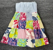 Lilly Pulitzer Strapless Dress Womens 0 Pink Blossom Patchwork Cotton Back Zip