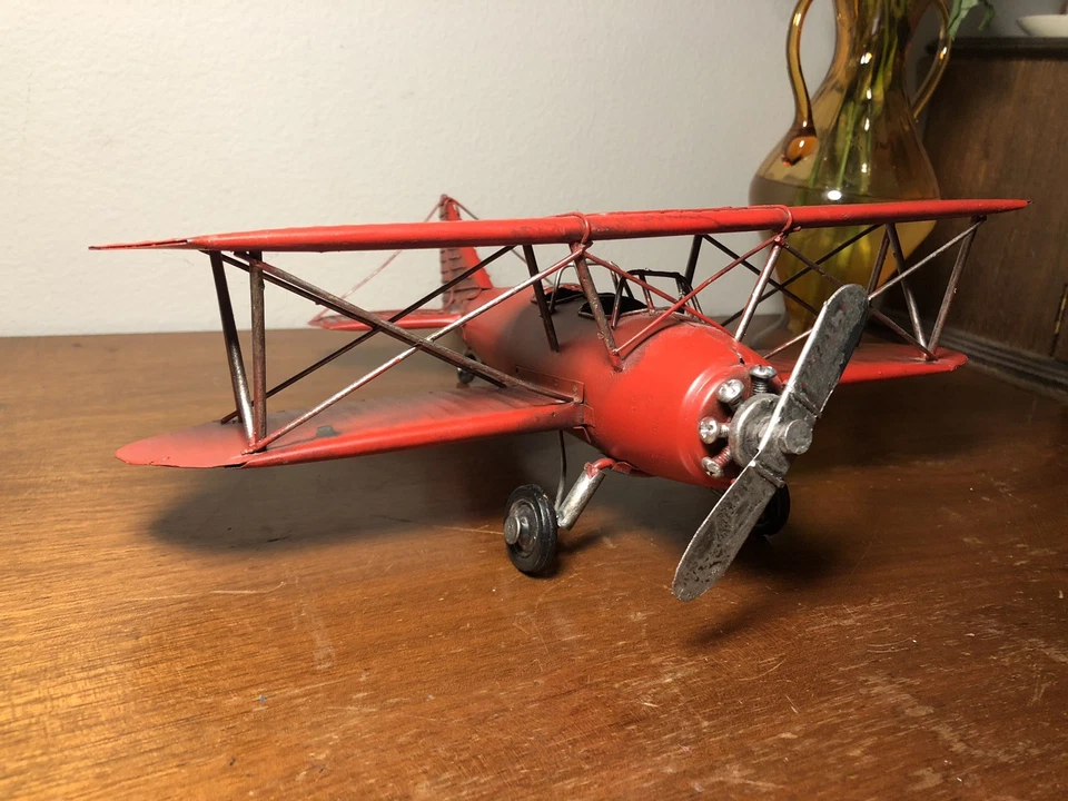 "Avión Barón Rojo Primera Guerra Mundial Decoración Estaño Metal Alemán Bi Avión Modelo Rústico 12""" Foto 3 de 4